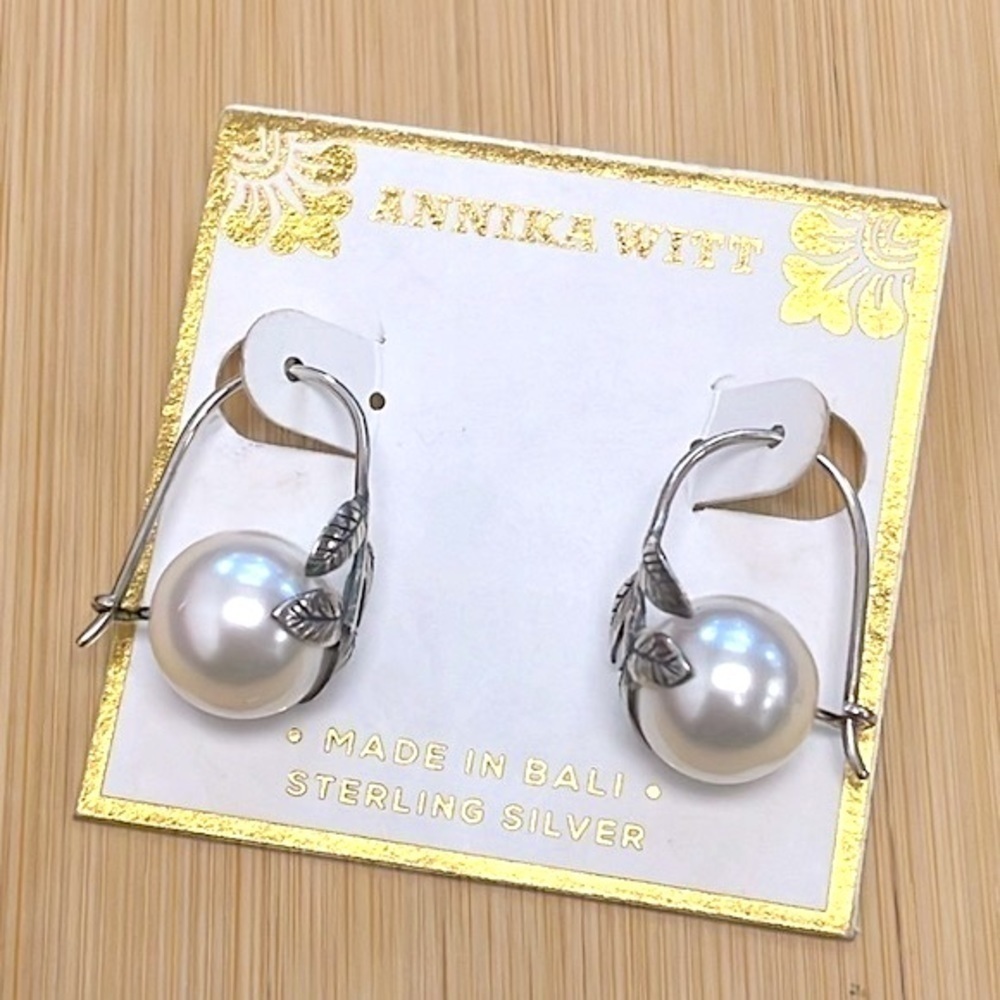 Brand New Annika Witt Sterling Silver Vine Leaf Faux Pearl Drop Earrings Bali